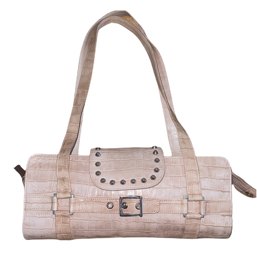 STUART WEITZMAN TAN LEATHER EMBOSSED STUDDED HANDBAG MADE IN SPAIN